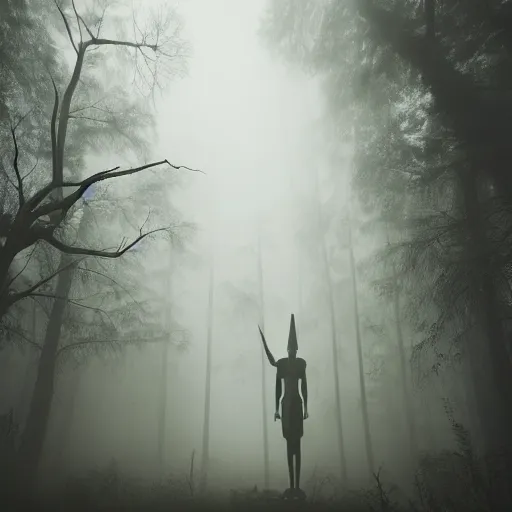 Image similar to a modern day ancient Egyptian pharaoh standing in a dark, gloomy forest, detailed, mythical, mist, fog, heavy fog, dark lighting, rim light, ambient light,