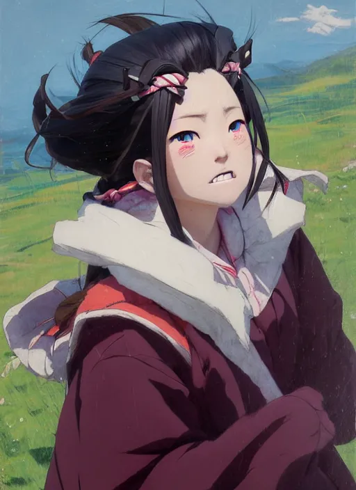 Prompt: portrait of Nezuko from Demon Slayer Anime, countryside, calm, fantasy character portrait, dynamic pose, above view, sunny day, thunder clouds in the sky, artwork by Jeremy Lipkin and Giuseppe Dangelico Pino and Michael Garmash and Rob Rey, very coherent asymmetrical artwork, sharp edges, perfect face, simple form, 100mm