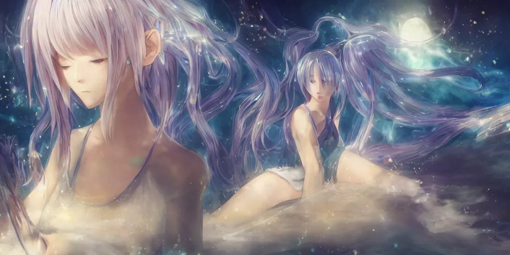 Image similar to final fantasy key visual of a pretty anime girl with blue flowing hair, wearing a short skirt and a crop top, meditating in a magical fantasy temple at night, moonlight, sacred symbols, magical, highly detailed, digital art, artstation, smooth, hard focus, anime cinematic, art by shibashake, cryengine 5 - in the style of final fantasy