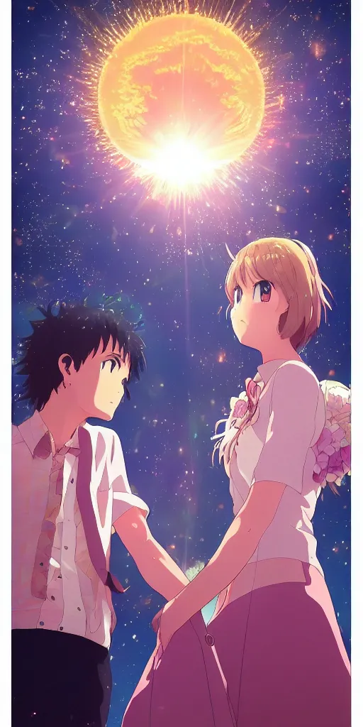 Image similar to a man and a woman holding hands under a beautiful sun drawn like the anime Your Name anime, intricate, psychedelic,