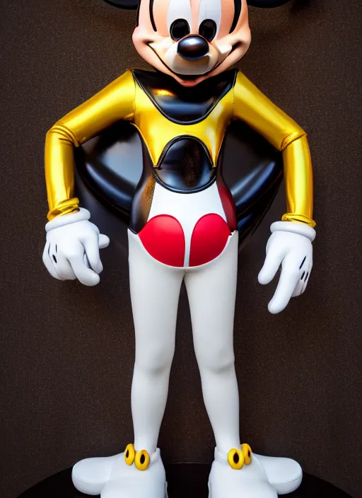 Prompt: stylized shiny latex rubber leather ornate statue full body made of marble of disney character mickey mouse, perfect symmetrical body, perfect symmetrical face, hyper realistic, hyper detailed, by johannen voss, by michelangelo, octane render, blender, 8 k, displayed in pure white studio room