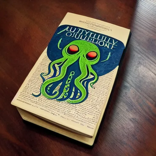 Prompt: a modern cover of the paperback book, cthulhu philosophy, placed on a wooden coffee table, interior decoration, pinterest, design, posh