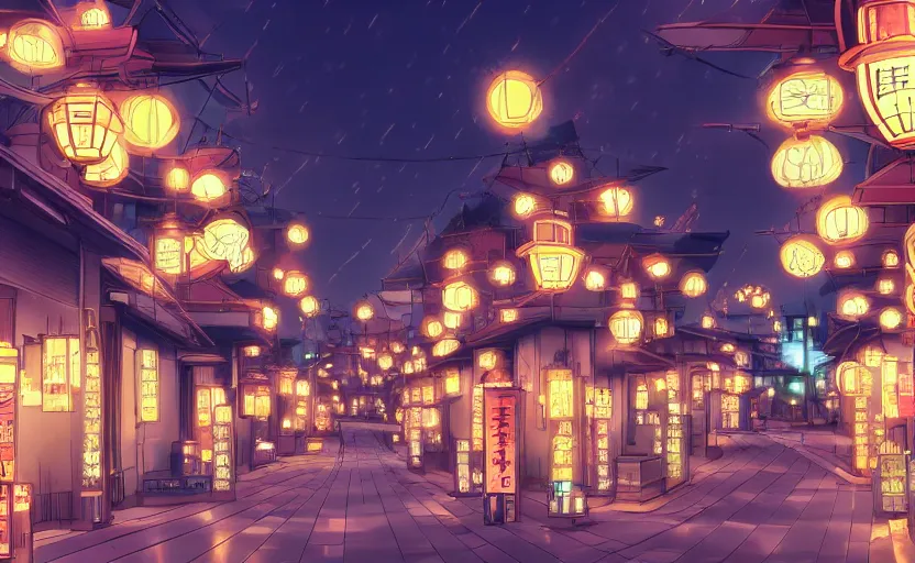 Prompt: a beautiful street in a beautiful Japanese city, at night, street lights, anime style, in the style of ForD Nguyen on ArtStation and Zenifune on ArtStation, 4k,