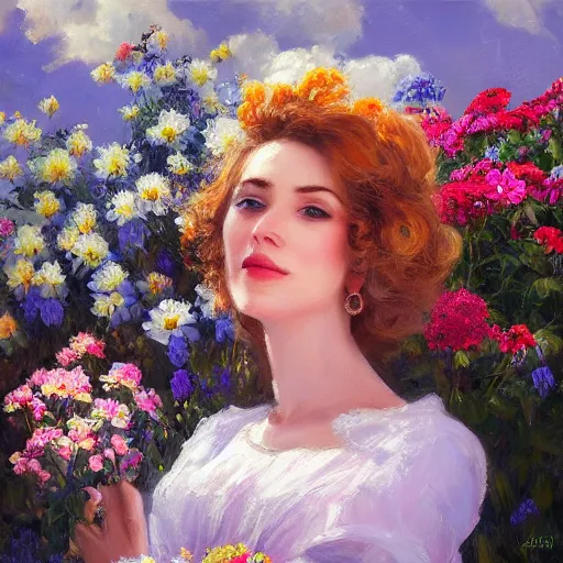 Image similar to a portrait of a romantic woman with flowers grow out of hair, roses peonies forget-me-nots dahlias lupins gladioli, sky theme in background, by Alexandr Averin, Digital Art, Trending on artstation