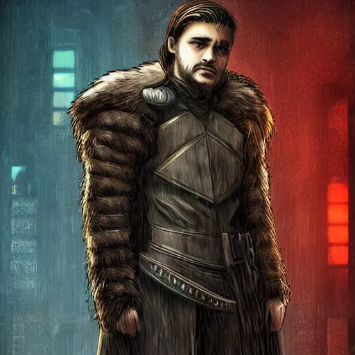 Image similar to hero from game of thrones cyberpunk style, digital art, high quality, detailed