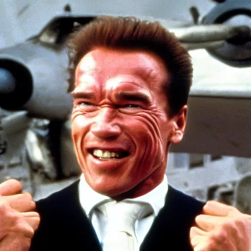 Image similar to arnold schwarzenegger in true lies smiling at the camera, blooper, out take, funny