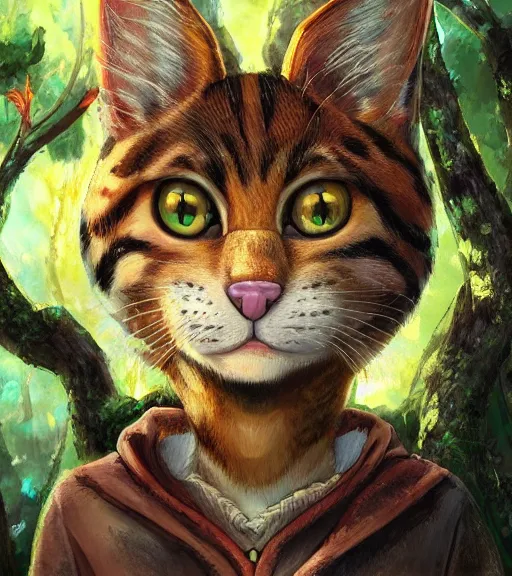 Prompt: close up character portrait icon of the anthro anthropomorphic cat head animal person fursona wearing clothes standing in the bright forest, hidari, color page, tankoban, 4 k, tone mapping, akihiko yoshida