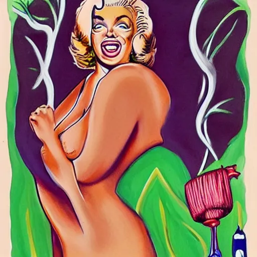 Image similar to beautiful lifelike painting of marilyn monroe on my back, art by ed roth and basil wolverton