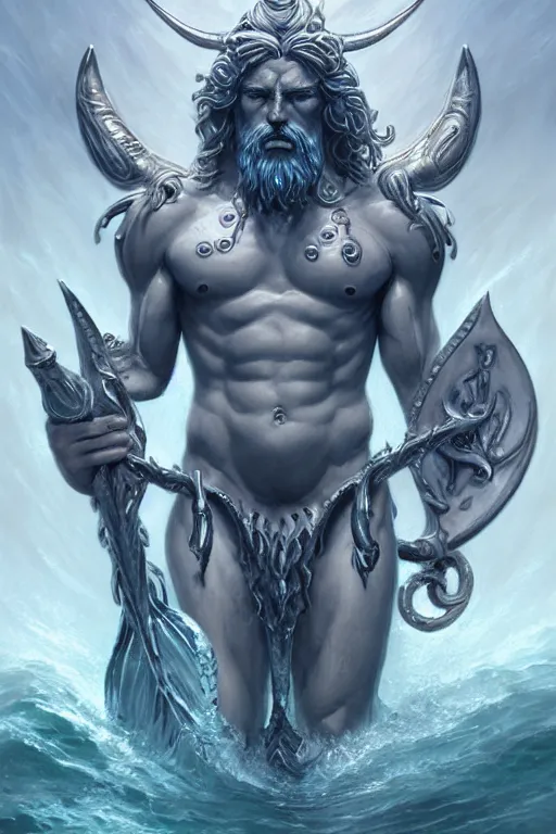 Image similar to poseidon humanoid god of the sea, trident, highly detailed, d & d, fantasy, highly detailed, digital painting, trending on artstation, concept art, sharp focus, illustration, art by artgerm and greg rutkowski and magali villeneuve