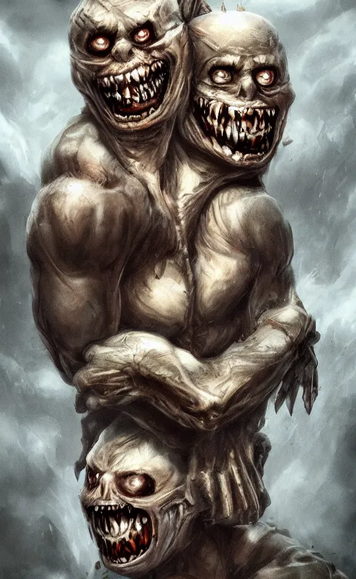 Image similar to full body portrait of of a two headed monster smiley creepily, dynamic lighting, photorealistic, fantasy concept art, ambient lighting, atmospherical, stunning visuals, creative, cinematic, ultra detailed, trending on art station