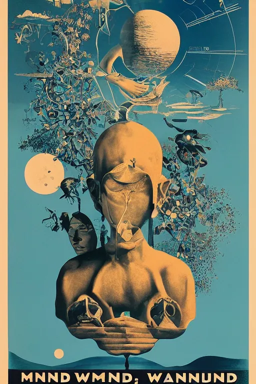 Image similar to mind wandering, poster by Steve Thomas and Mike beeple Winklemann and Salvador Dali, screen print