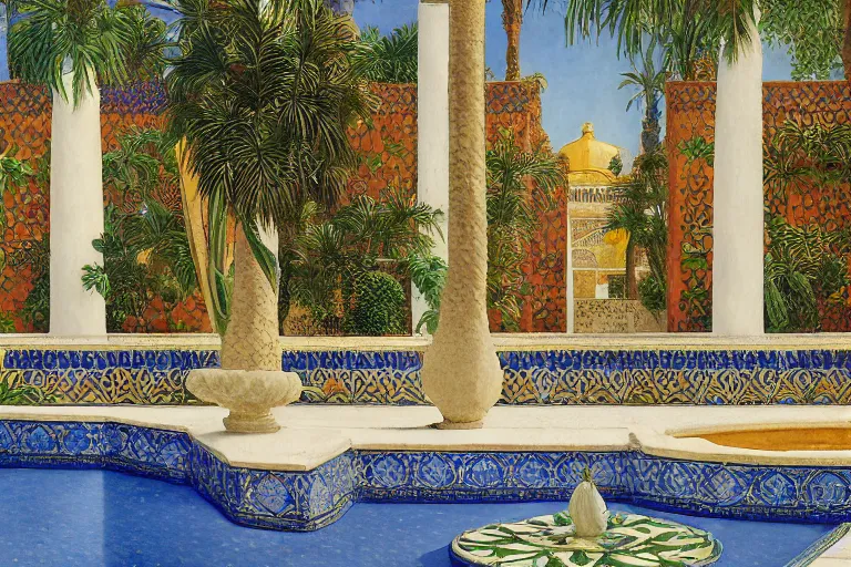 Image similar to painting of a beautiful moorish palace courtyard garden, by ludwig deutsch and maxfield parrish, patterned tilework, palm trees, tiled fountains, extremely detailed, cinematic lighting, smooth sharp focus