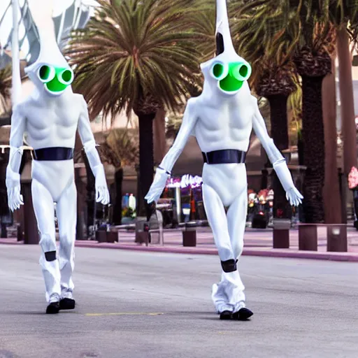 Image similar to actual photography of tall whites aliens walking along the Las Vegas strip, award winning, high def,