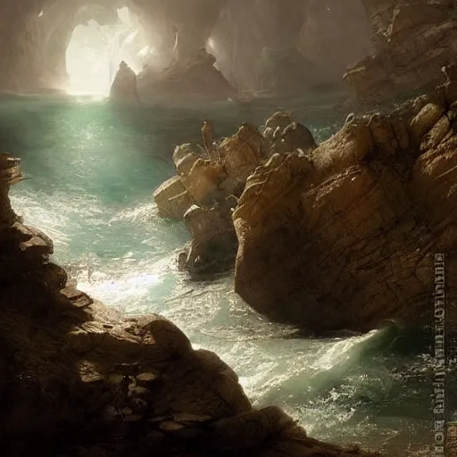 Prompt: an eerie whirlpool, seen from above, in a cave matte painting, fantasy art, by greg rutkowski, by andreas achenbach,