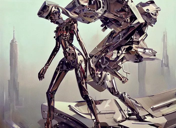 Prompt: feminine polish cyborg, full body, high fashion, futurism, aerodynamic, flowing, intricate, slick, highly detailed, digital painting, vogue, concept art, smooth, sharp focus, hd, art by syd mead and john berkey and annie leibovitz