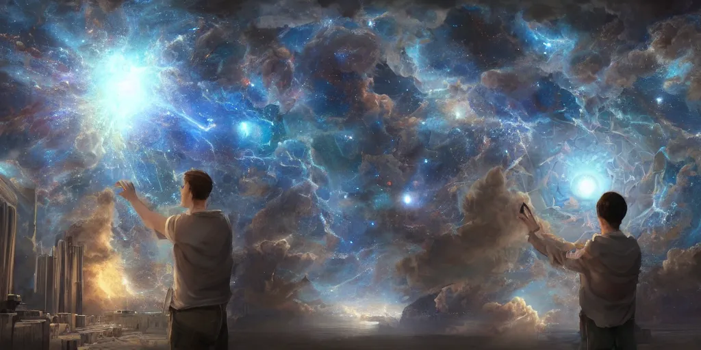 Prompt: God checking out the blueprint of the universe, digital art, artstation hall of fame, 4k, highly detailed