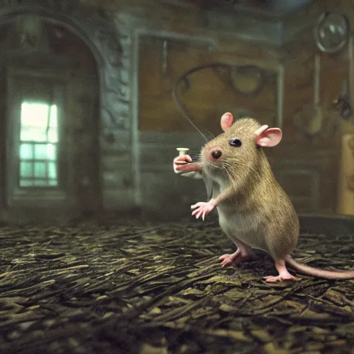 Image similar to a rat with steampunk googles, by gregory crewdson