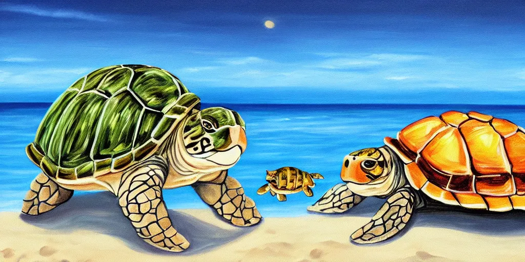 Prompt: painting of a cat on the beach playing with a turtle in the ocean