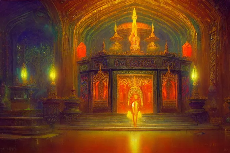 Prompt: mausoleum, buddhism, neon light, painting by gaston bussiere, greg rutkowski