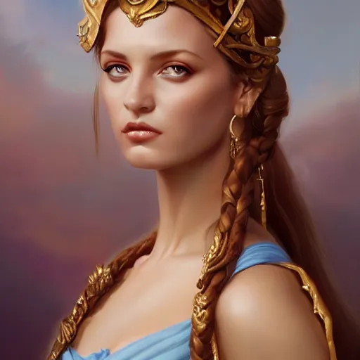 Image similar to A detailed painting of a full length portrait of a Greek goddess, By Anne Stokes and Steve Argyle and Daniela Uhlig and Tom Bagshaw. Trending on Artstation, digital character painting.