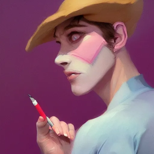 Prompt: portrait of wolf wearing pink shirt, smoking cigarette, digital painting, artstation, concept art, smooth, sharp focus, illustration, art by artgerm, james jean, jean giraud, edward hopper, gaston bussiere and greg rutkowski