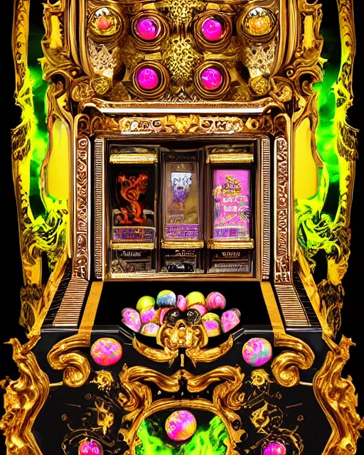 Image similar to baroque rococo-style bedazzled gothic royalty frames surrounding an slots pinball machine of pixelsort energy drink made out of glowing ooze, radioactive candy worms, and fairy magick.