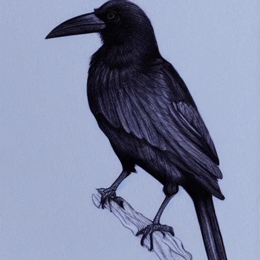 Prompt: detailed drawing of a crow on a blue gradient background, depressive, sad, beautiful