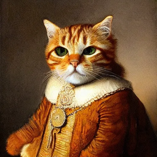 Prompt: rembrandt painting of a ginger tabby cat wearing fancy clothes