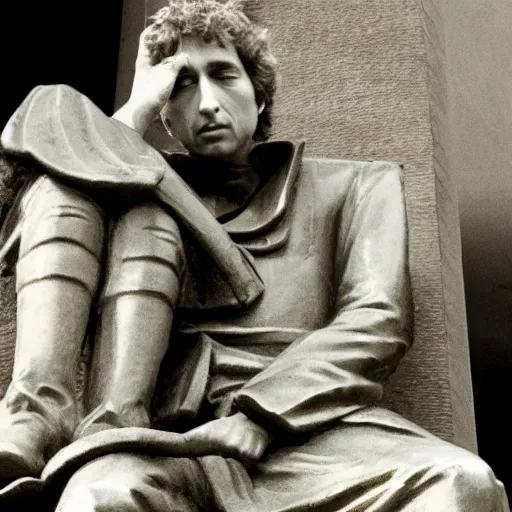 Image similar to bob dylan playing his guitar whilst sitting on a statue of king alfred, photograph