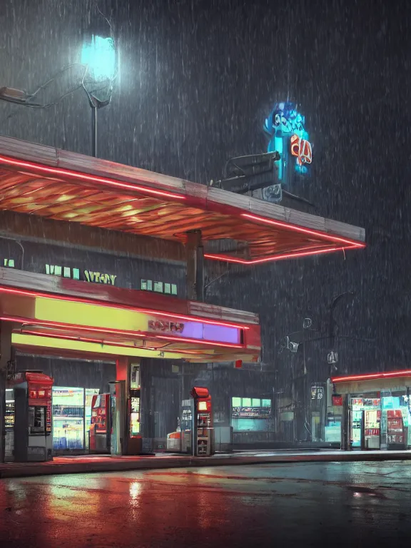 Image similar to photo of 8k ultra realistic gas station, neon, heavy rain, full of colour, cinematic lighting, battered, trending on artstation, 4k, hyperrealistic, focused, extreme details,unreal engine 5, cinematic, masterpiece, art by ayami kojima, giger