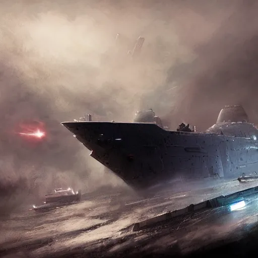 Image similar to science - fiction battleship in combat, in planet atmosphere and dense fog, explosions, highly detailed, trending on artstation, mate painting