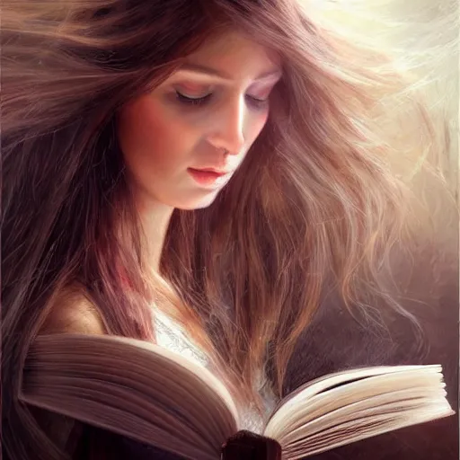 Prompt: a girl reading a book, hair flowing down, 8 k, hyperrealistic, hyperdetailed, fantasy portrait by laura sava