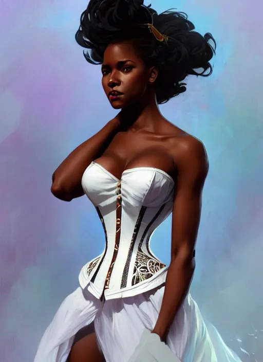 Image similar to cute black woman wearing a white corset dress, fantasy, intricate, highly detailed, digital painting, artstation, concept art, wallpaper, smooth, sharp focus, illustration, art by artgerm and greg rutkowski and alphonse mucha