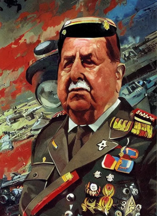 Prompt: pinochet as a cyborg as the dictator of chile illustrations by john berkey