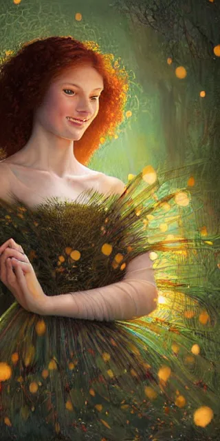 Prompt: young woman, serene smile, surrounded by golden firefly lights, amidst nature fully covered by a intricate detailed dress, long red hair, precise linework, accurate green eyes, small nose with freckles, smooth oval shape face, empathic, expressive emotions, spiritual scene, hyper realistic ultrafine art by artemisia gentileschi, jessica rossier, boris vallejo