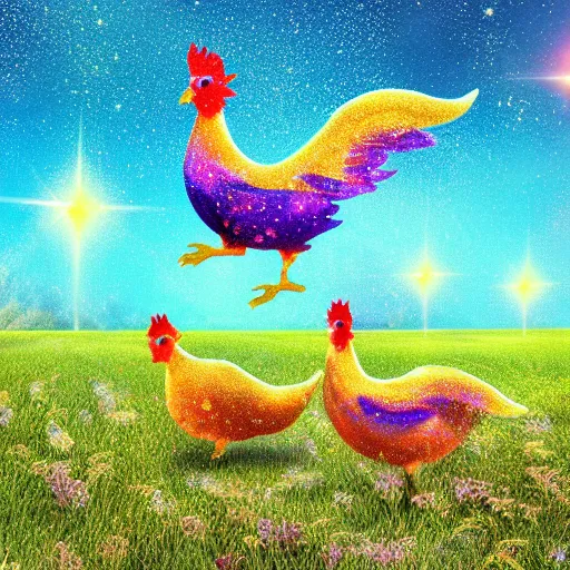 Prompt: magical sparkling chickens frolicking in a field, photorealistic, hyperrealistic, 8 k