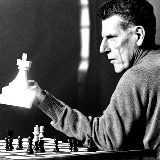 Image similar to ludwig wittgenstein playing chess with a robot, dramatic angle