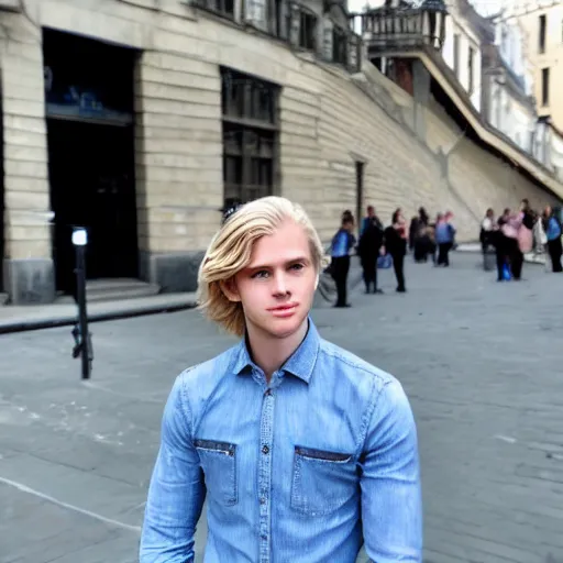 Image similar to a beautiful young man, blond, long hair, blue eyes, fair skin, in the middle of the city