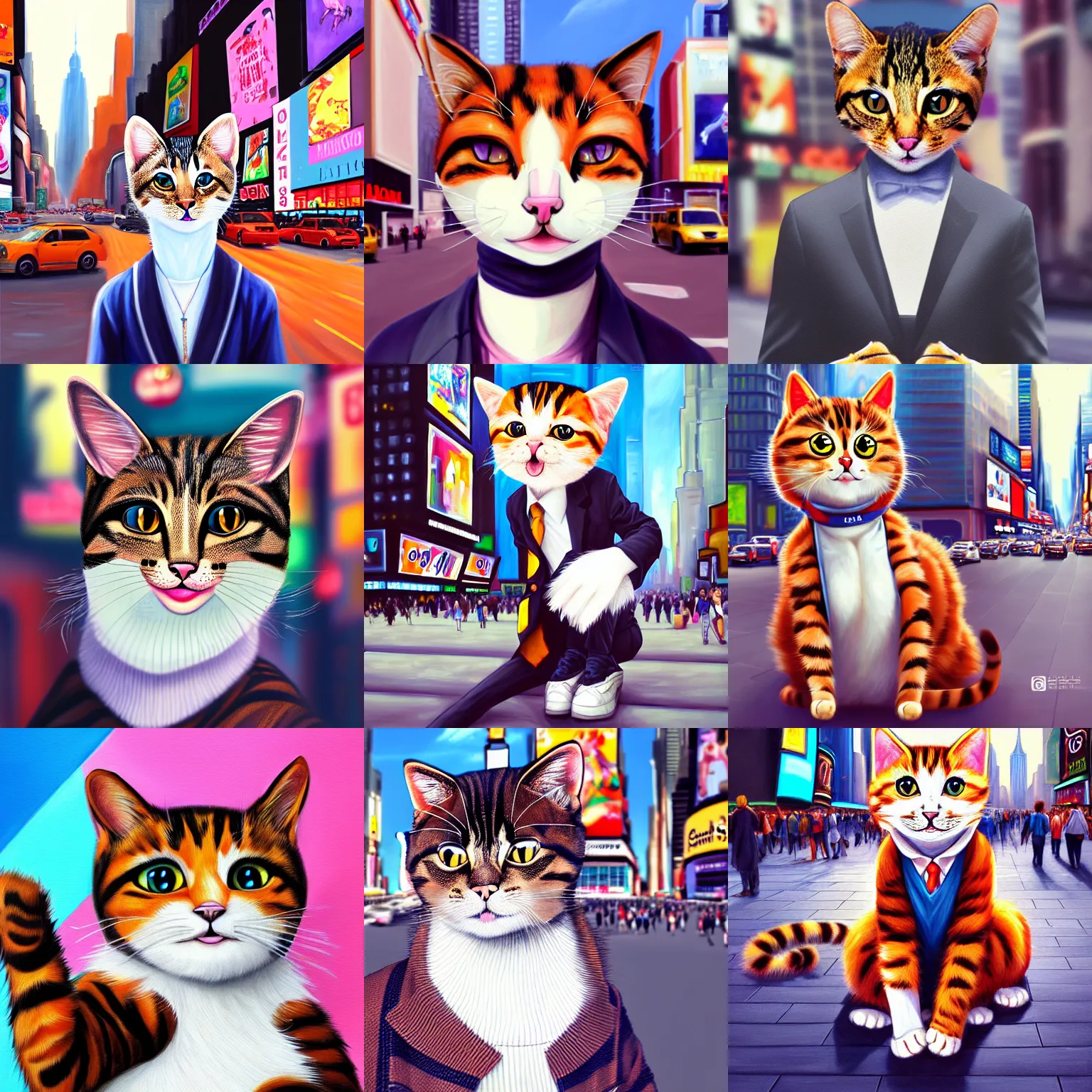 Prompt: painting of a cute anthropomorphic male cat, in time square, highly realistic, hyperrealistic, hyperdetailed, anime, artstation