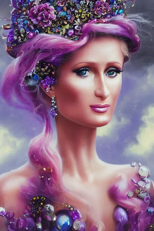 Image similar to closeup portrait fine art photo of the beauty paris hilton, she has a crown of stunning flowers and dress of purple satin and gemstones, background full of stormy clouds, by peter mohrbacher