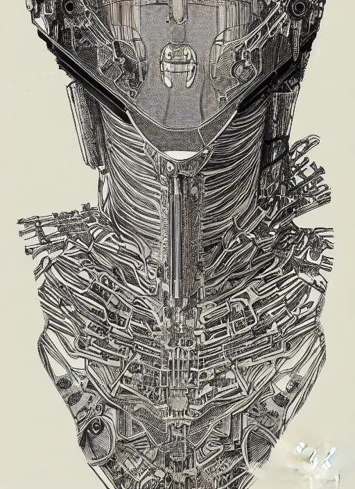 Image similar to 2 d illustration, grained risograph, vintage horror sci - fi portrait of a futuristic silver armored geisha district 9 cyborg, parallax, fractal, intricate, elegant, by jheronimus bosch and moebius, and szukalski