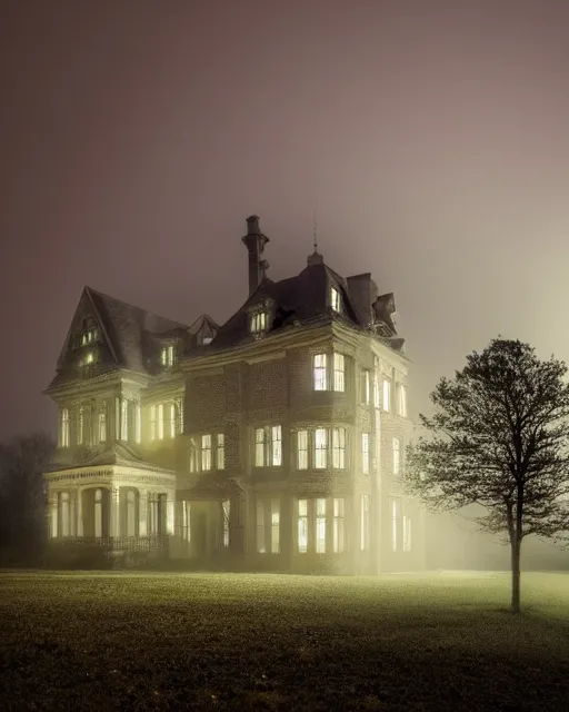 Image similar to a wide angle low photo of a ghostly victorian mansion howvering above a misty forest at night, volumetric light, epic proportions