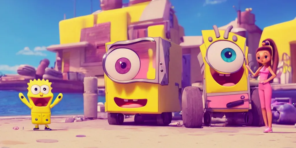 Image similar to “animated Ariana grande and SpongeBob hanging out. 4. Octane render, 4k, 8k, unreal 5, very detailed, hyper realism, trending on artstation.”