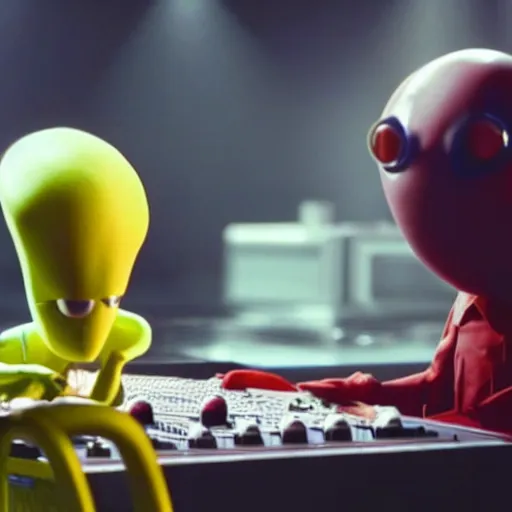 Image similar to cinematic film still of Pharrell Williams Making A Beat with an anthropomorphic alien, Japanese VFX, 2018, 400mm lens, f1.8, shallow depth of field,film photography