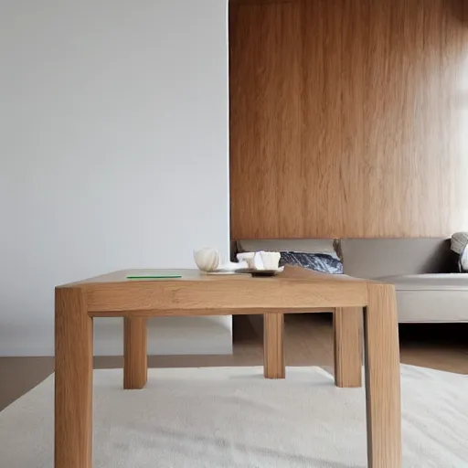 Prompt: luxurious oak table with coffee in a modern white zen minimalist apartment