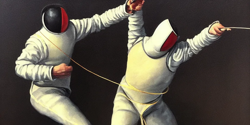 Image similar to fencing dualist masterpiece stage lighting painting by pablo amaringo high contrast rule of thirds 8 k realistic paint texture