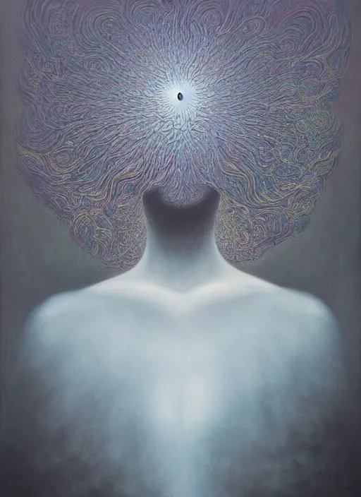 Image similar to dramatic portrait painting of woman with black mandelbrot fractal instead of face, in style of zdzisław beksinski,