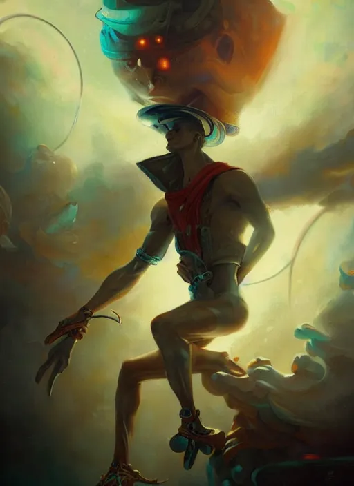 Prompt: close - up portrait of a male sailor with two peglegs and two hook hands, detailed dynamic light painting by peter mohrbacher