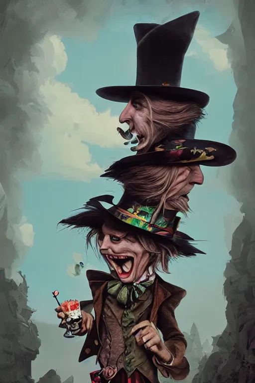 Image similar to tom petty as the mad hatter, contrast, kim jung gi, greg rutkowski, zabrocki, karlkka, jayison devadas, trending on artstation, 8 k, ultra wide angle, zenith view, pincushion lens effect