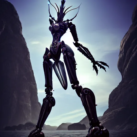 Image similar to looking up at a highly detailed 300 foot tall giant elegant exquisite beautiful stunning valkyr female warframe, as an anthropomorphic robot dragon, posing elegantly over your tiny form, detailed legs looming over you, camera on the ground, at the beach on a sunset, sleek streamlined design, streamlined matte black armor, sharp detailed claws, detailed sharp robot dragon feet, worms eye view, giantess shot, upward shot, ground view shot, leg shot, front shot, epic cinematic shot, high quality warframe fanart, captura, realistic, professional digital art, high end digital art, furry art, giantess art, anthro art, DeviantArt, artstation, Furaffinity, 8k HD render, epic lighting